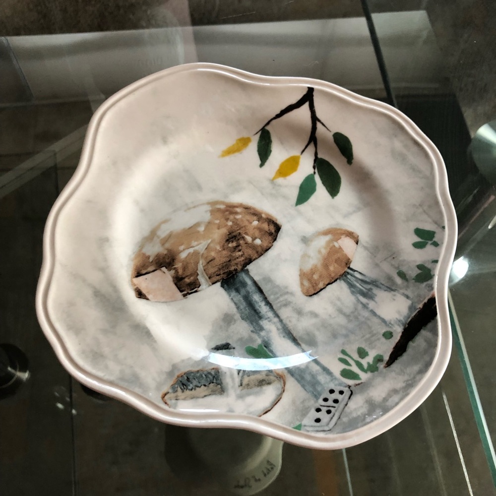 Anthropologie White Bowl with Brown Mushroom and Green Leaf Motif